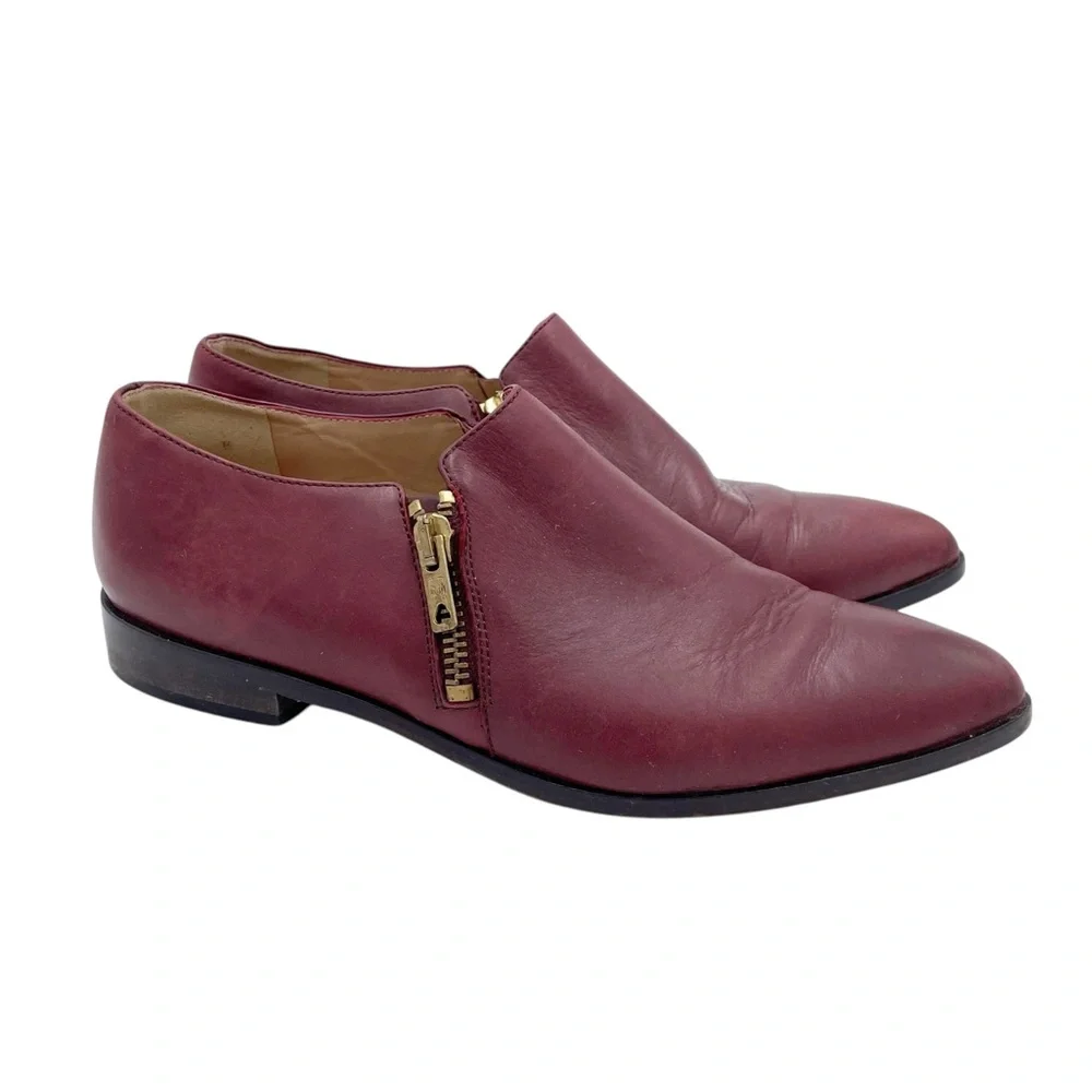 J. Crew Double Zipper Burgundy Red Leather Pointed Toe Loafer Women's Size 6.5